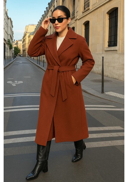 Kadın Trend Basic Uzun Kruvaze Kiremit Kaşe Kaban fiyatları