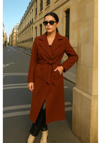 Kadın Trend Basic Uzun Kruvaze Kiremit Kaşe Kaban modelleri