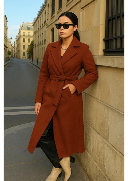 Kadın Trend Basic Uzun Kruvaze Kiremit Kaşe Kaban fırsatları