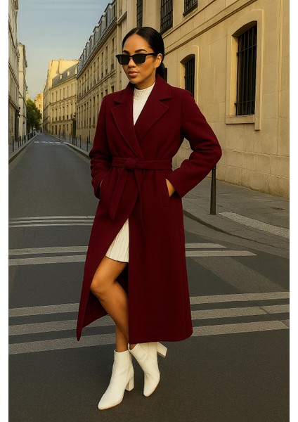 Kadın Trend Basic Uzun Kruvaze Bordo Kaşe Kaban fiyatları