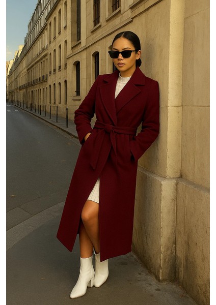 Kadın Trend Basic Uzun Kruvaze Bordo Kaşe Kaban modelleri