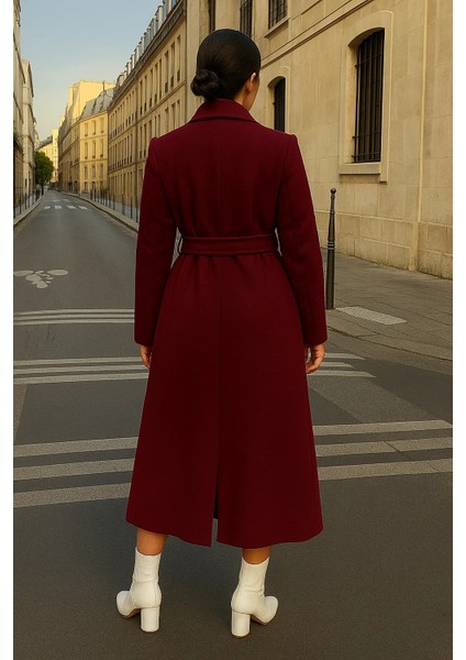 Kadın Trend Basic Uzun Kruvaze Bordo Kaşe Kaban