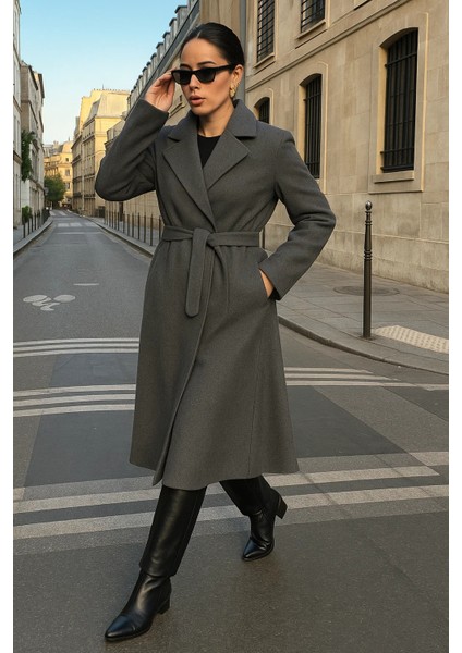 Kadın Trend Basic Uzun Kruvaze Füme Kaşe Kaban