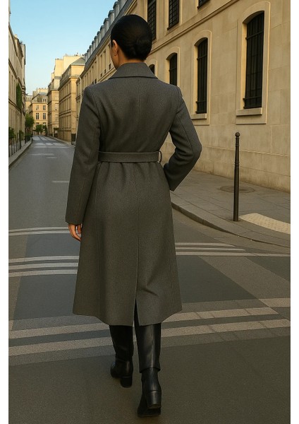 Kadın Trend Basic Uzun Kruvaze Füme Kaşe Kaban