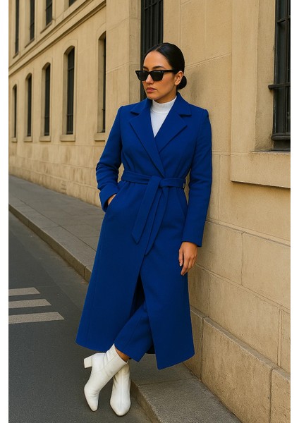 Kadın Trend Basic Uzun Kruvaze Mavi Kaşe Kaban fiyatları