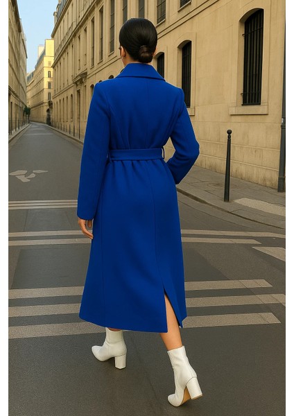 Kadın Trend Basic Uzun Kruvaze Mavi Kaşe Kaban indirimleri