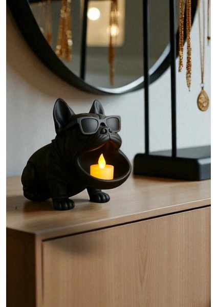 Dekoratif Bulldog Figürlü Mumluk ve Organizer Biblo – Masaüstü Düzenleyici, Anahtarlık
