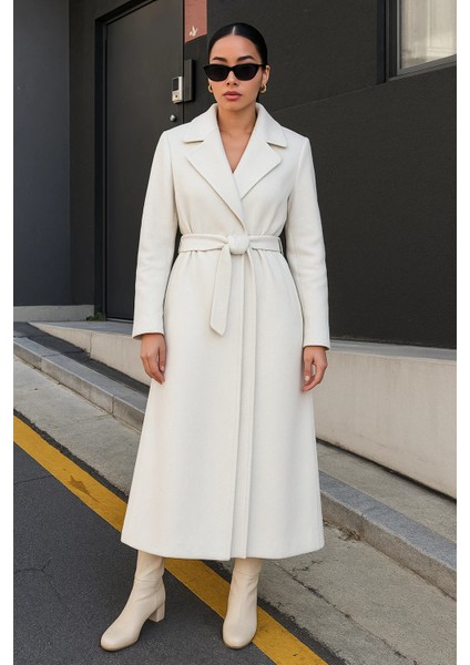 Kadın Kruvaze Premium Basic Uzun Beyaz Kaşe Kaban fiyatları