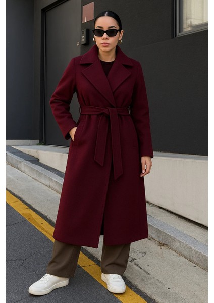Kadın Kruvaze Premium Basic Uzun Bordo Kaşe Kaban