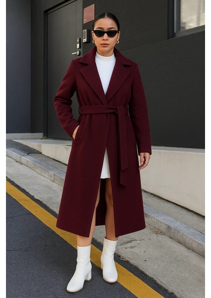 Kadın Kruvaze Premium Basic Uzun Bordo Kaşe Kaban fiyatları