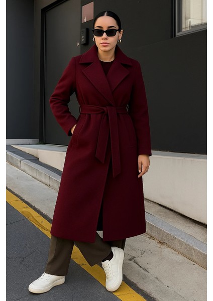 Kadın Kruvaze Premium Basic Uzun Bordo Kaşe Kaban modelleri