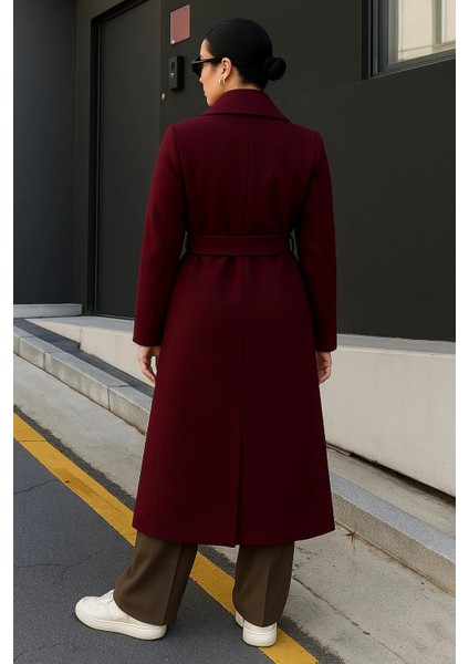 Kadın Kruvaze Premium Basic Uzun Bordo Kaşe Kaban