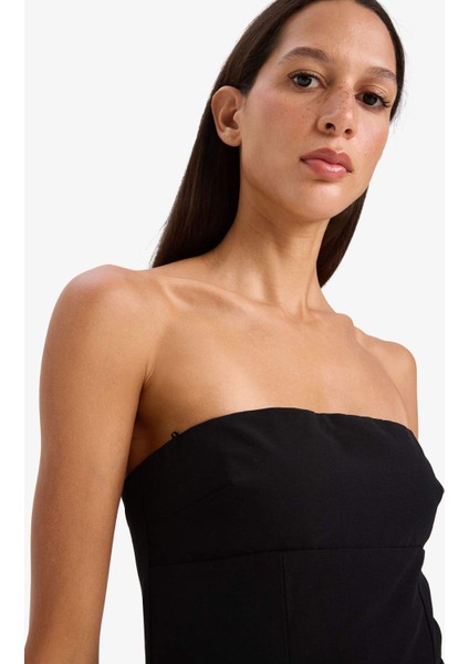 Straplez Basic Düz Mini Elbise