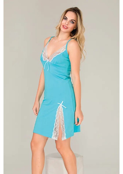 Lady Beyaz Dantelli Mini Yırtmaç Penye Gecelik