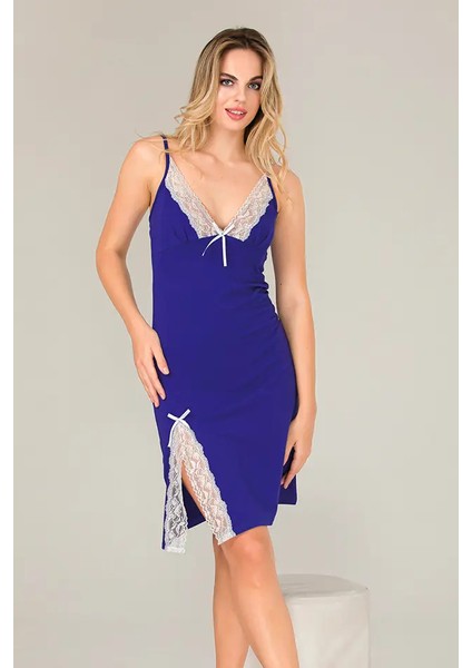 Lady Dantelli Mini Yırtmaç Saks Penye Gecelik