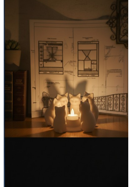 Dekoratif 6 Kedi Figürlü Yoga Meditasyon Mumluk Biblo Dinginlik Ritüel Masaüstü Ev Dekorasyon Objesi