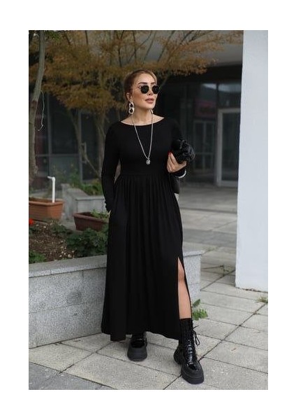 Kadın Kayık Yaka Sırt Dekoltesi ve Yırtmaç Detay Maxi Boy Elbise fırsatları