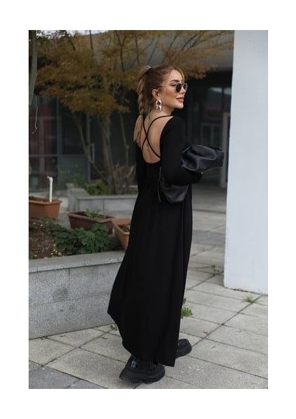 Kadın Kayık Yaka Sırt Dekoltesi ve Yırtmaç Detay Maxi Boy Elbise indirimleri