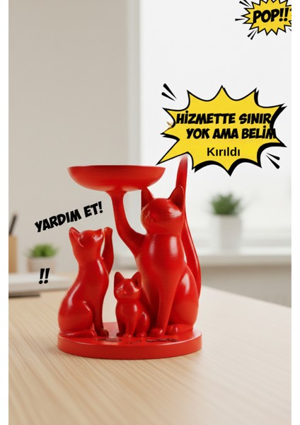 Dekoratif Kedi Biblo Anahtarlık Takı Standı Sunumluk Ev Hediyesi Siyah-Beyaz-Kırmızı