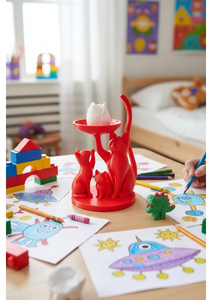 Dekoratif Kedi Biblo Anahtarlık Takı Standı Sunumluk Ev Hediyesi Siyah-Beyaz-Kırmızı fiyatları