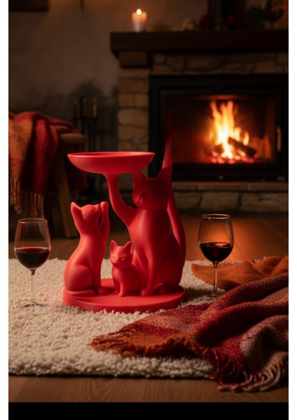 Dekoratif Kedi Biblo Anahtarlık Takı Standı Sunumluk Ev Hediyesi Siyah-Beyaz-Kırmızı