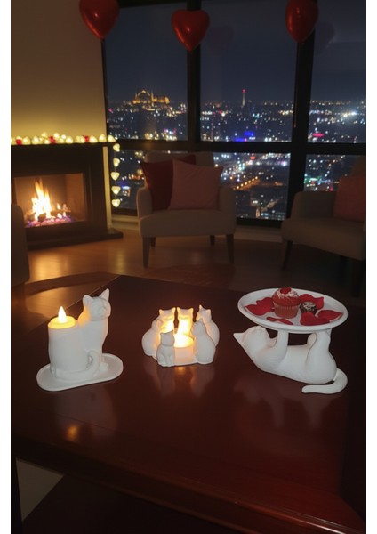 Neşeli Kedi Dostlar Dekoratif Kedi Figürleri Tealight Mumluk ve Atıştırmalık Tabağı Seti