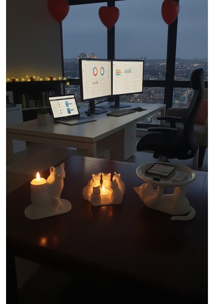 Neşeli Kedi Dostlar Dekoratif Kedi Figürleri Tealight Mumluk ve Atıştırmalık Tabağı Seti fiyatları