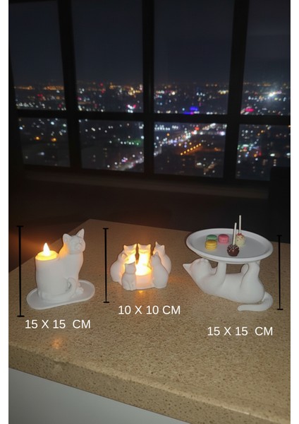 Neşeli Kedi Dostlar Dekoratif Kedi Figürleri Tealight Mumluk ve Atıştırmalık Tabağı Seti modelleri