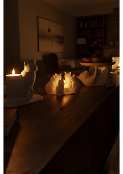 Neşeli Kedi Dostlar Dekoratif Kedi Figürleri Tealight Mumluk ve Atıştırmalık Tabağı Seti fırsatları