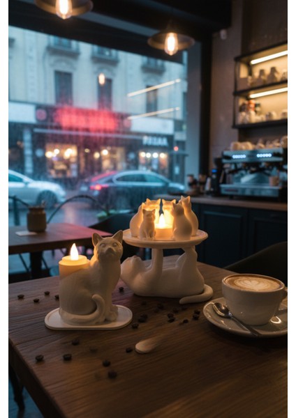 Neşeli Kedi Dostlar Dekoratif Kedi Figürleri Tealight Mumluk ve Atıştırmalık Tabağı Seti