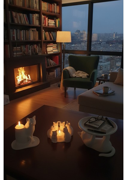 Neşeli Kedi Dostlar Dekoratif Kedi Figürleri Tealight Mumluk ve Atıştırmalık Tabağı Seti