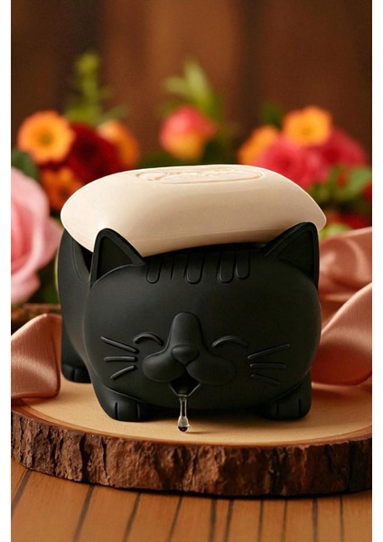 Tatlı Kedi Sabunluk Ağızdan Su Tahliyeli Plastik Banyo Aksesuarı, Dekoratif Sabunluk