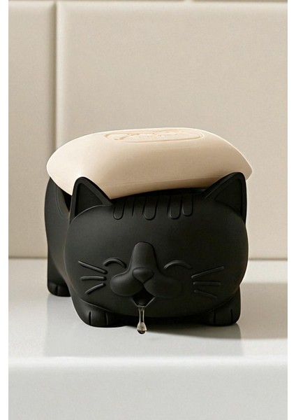 Tatlı Kedi Sabunluk Ağızdan Su Tahliyeli Plastik Banyo Aksesuarı, Dekoratif Sabunluk