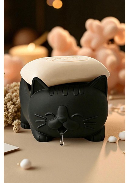 Tatlı Kedi Sabunluk Ağızdan Su Tahliyeli Plastik Banyo Aksesuarı, Dekoratif Sabunluk