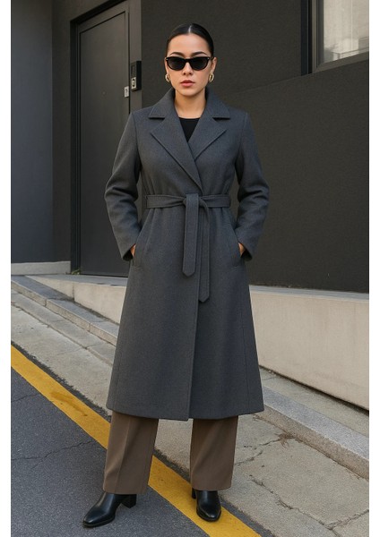 Kadın Kruvaze Premium Basic Uzun Füme Kaşe Kaban