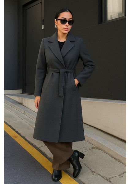 Kadın Kruvaze Premium Basic Uzun Füme Kaşe Kaban modelleri