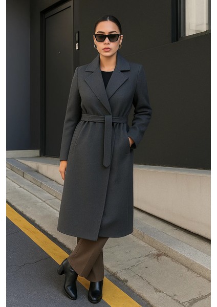 Kadın Kruvaze Premium Basic Uzun Füme Kaşe Kaban fırsatları