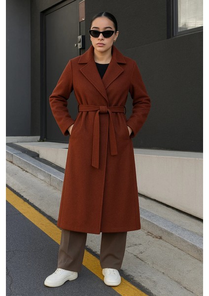 Kadın Kruvaze Premium Basic Uzun Kiremit Kaşe Kaban