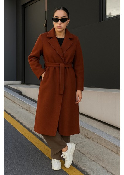 Kadın Kruvaze Premium Basic Uzun Kiremit Kaşe Kaban modelleri