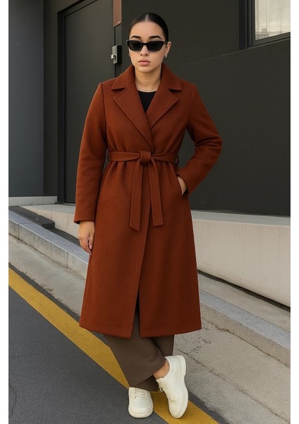 Kadın Kruvaze Premium Basic Uzun Kiremit Kaşe Kaban fırsatları