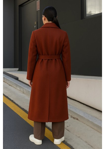 Kadın Kruvaze Premium Basic Uzun Kiremit Kaşe Kaban indirimleri