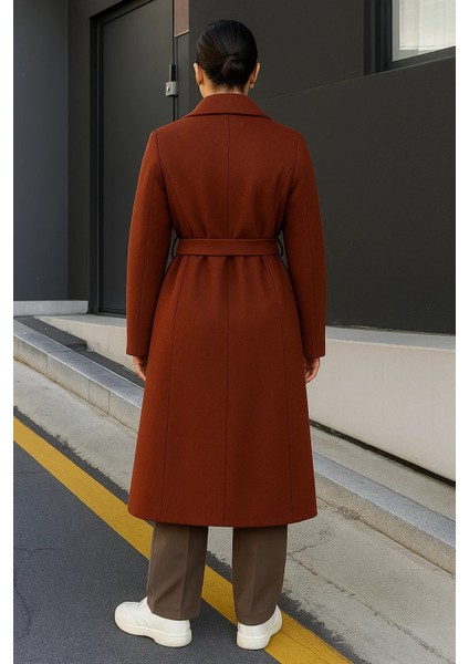 Kadın Kruvaze Premium Basic Uzun Kiremit Kaşe Kaban