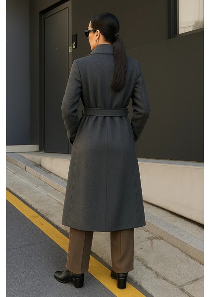 Kadın Kruvaze Premium Basic Uzun Füme Kaşe Kaban