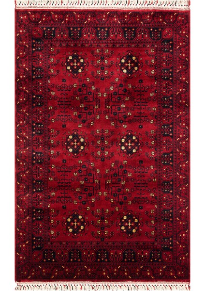 Historic 959 Red Afgan Desenli El Emeği ile Özel Tezgahlarda Üretilen Tencel Uşak Halısı