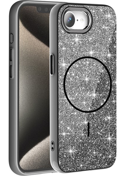 Apple iPhone 16E Kılıf M-Safe Şarj Özellikli Parlayan Simli Zore Okso Kapak