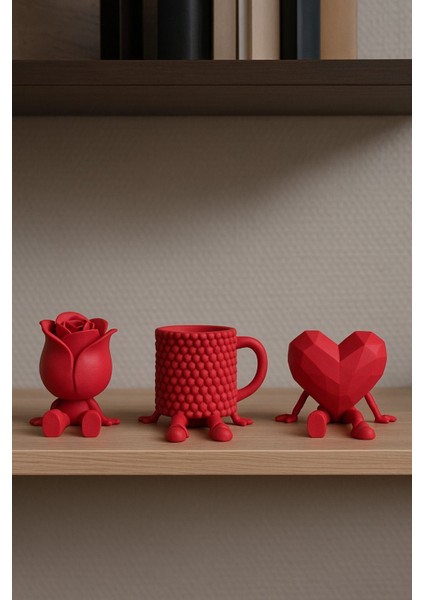 Dekoratif Kalp Gül ve Kahve Figürü Kahve Sever Obje 3'lü Set 9 x 7 cm fırsatları