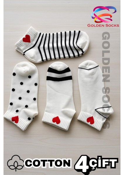 4 Çift Kalpli Tasarımlı Rahat Beyaz Kısa Pamuklu Çorap