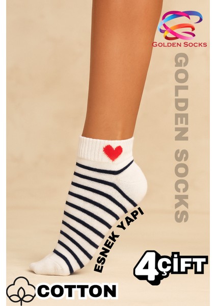 4 Çift Kalpli Tasarımlı Rahat Beyaz Kısa Pamuklu Çorap indirimleri