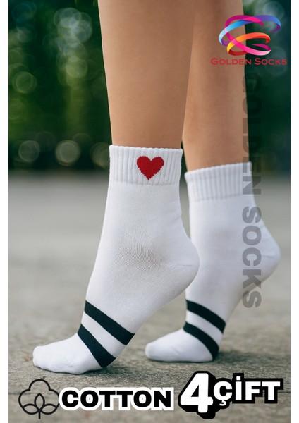 4 Çift Kalpli Tasarımlı Rahat Beyaz Kısa Pamuklu Çorap