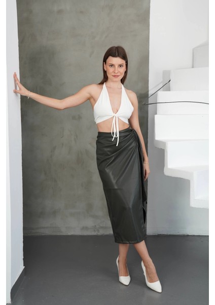 Kuşaklı Uzun Deri Etek Haki H26414